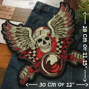 Teschio Angelo Ala Corsa Motociclista Ferro da Stiro su Ricamato Grande Patch Posteriore XL - Foto 1 di 1