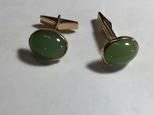 Gemelli Oro 14K Gumps Verde Nefrite Giada Retro Art Déco Cinese Non Giadeite - Foto 1 di 9