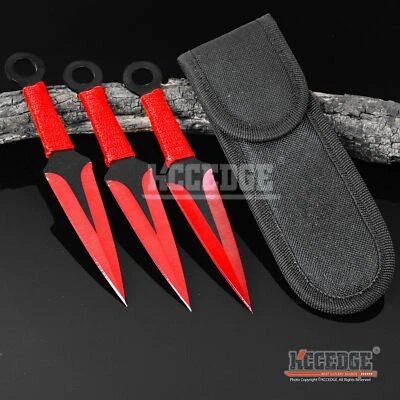 3PC 6.5" Knife Set + Sheath Ninja Kunai Tactical Fixed Blade Knife Double Edge - Image 1 of 4