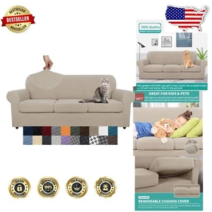 Khaki Checkered 4-Piece Sofa Cover Set for 3 Cushion Couches 91"-110" - Picture 1 of 9