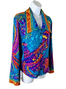 VTG SATIN PEACOCK bird BOLD graphic print Colorful Button blouse Top MADE IN USA - Bild 1 von 7