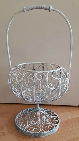 Antique Victorian Shabby White Metal Wire Garden Planter Footed Flower Basket Cover