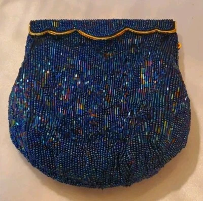 Vintage Blue Sparkling Beads LaRegale  Minibag With Goldtone Chain Strap  - Image 1 of 4