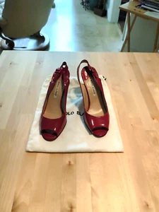 Auth MANOLO BLAHNIK - Cherry Red Patent Leather Stilletto Sandals, 40 EU size - Picture 1 of 9
