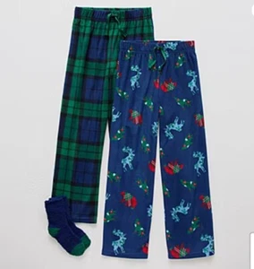 NWT Boys Plaid Moose 3 Piece Fleece Pajama Bottom Pajama Set Size 10/12 - Picture 1 of 4