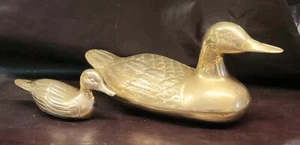 Vintage Mid-century Brass Swimming Duck & Duckling Figurines, Life-size, EUC - Picture 1 of 16