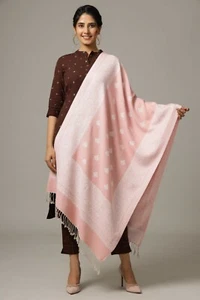 Pashmina Wool Paisley Shawl Hand-Cut Kani Quality White Pink Jamavar Stole India - Picture 1 of 5