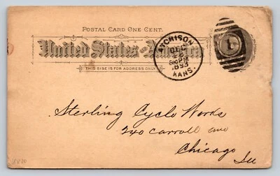 1891 UX10 Postal Card 1c Duplex Killer STERLING CYCLE WORKS Peck Stow & Wilcox - Image 1 of 3