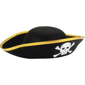 Black Gold Rim Felt Captain Pirate Hat Tricorn Adults Or Kids Party Costume - Picture 1 of 1