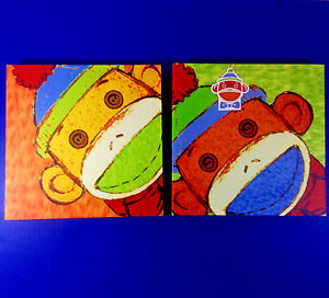 Monkey Canvas Print Kids Bedroom Decor Monkeying Around Orange Yellow Blue Set 2