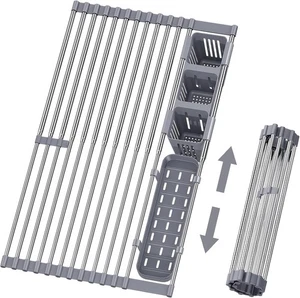 Séchoir à Vaisselle Extensible à Enrouler, 304 Acier Inoxydable Au-dessus de l'évier Plat D... - Photo 1/9