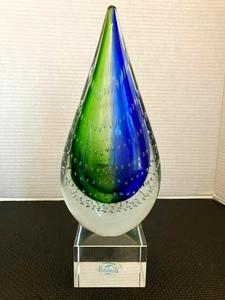 ART GLASS BADASH MOUTH BLOWN BLUE GREEN GLASS SCULPTURE CENTERPIECE - Picture 1 of 7