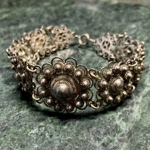 VTG Dutch Button Stering Silver Bracelet Etruscan Revival 7.5” - Picture 1 of 12