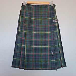 Vintage 70s - 80s Kilt Tartan Skirt Clanacric Green Plaid Wool Blend fit 12 M - Picture 1 of 9