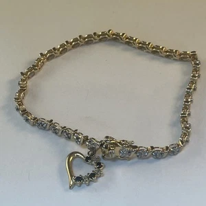 Sterling Silber goldfarben natürliche Diamanten Saphire Herz Charm Tennis Armband - Bild 1 von 9