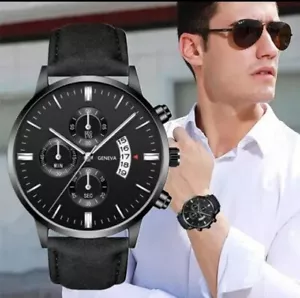 Fashion Sport Men's Stainless Steel Case Leather Band Quartz Analog Wrist Watch - Picture 1 of 3