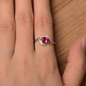 925 Sterling Silver Pink Ruby Ring Lab Created Oval Gemstone Women Ring - Picture 1 of 5