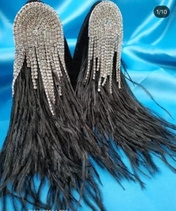 Handmade Rhinestone Shiny Long Black Feather Earrings - Bild 1 von 6