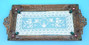 Antique Empire Art Gold E & J.B. Jeweled Perfume Vanity Tray Lace Inlay Gems WOW - Picture 1 of 15