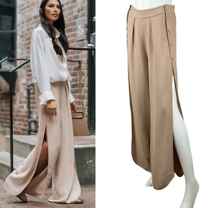 Pantaloni Narvan Arya crepe spacco bottoni gamba fascia cravatta vita elastica tortora nuovi con etichette taglia S - Foto 1 di 9