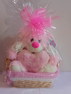 10 STRAWBERRY STREET "Its A Girl" Pink Baby Powder Scented Bear In A Basket Gift Basket