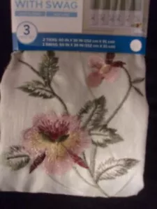 INTERIORS~EMBROIDERED FLOWERS~3 PIECE TIER & SWAG CURTAIN SET~NEW~ROD POCKET - Picture 1 of 3