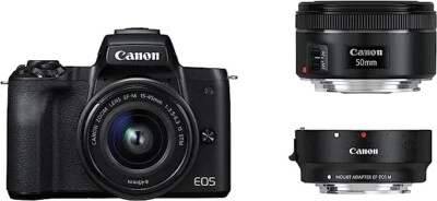 Canon EOS M50 Camera Zwart 15-45 IS STM + 50mm F/1.8 + M-Mount Adapter NEW BOXED - Image 1 of 4
