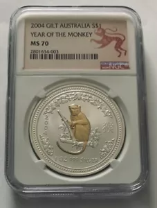 2004 Australia $1 Gold Gilt Year of the Monkey NGC MS 70 - Picture 1 of 2