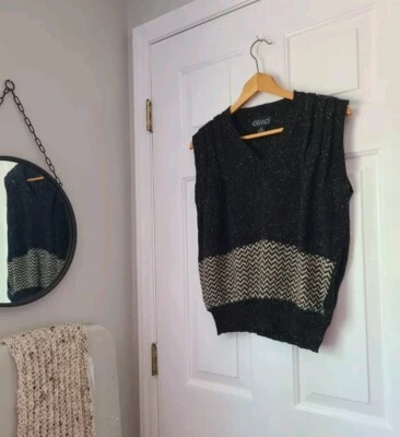 Antigo Colete Suéter Feminino Gitano de Malha Chunky Anos 80 M Preto Salpicado Preppy Academia - Imagem 1 de 4