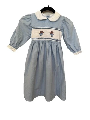 Vintage Strasburg Two Embroidered Bears smocked Puff sleeve dress lined size 4 - Image 1 of 4