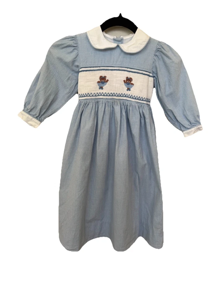 Vintage Strasburg Two Embroidered Bears smocked Puff sleeve dress lined size 4 - Image 1 of 4