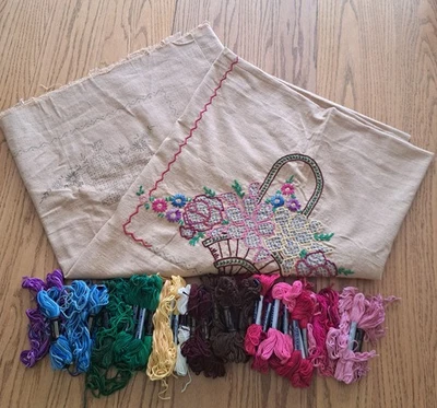 Stamped Linen Floral Basket Tablecloth For Embroidery 66" X 51" Floss Unfinshed - Image 1 of 4