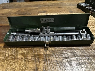 Vintage S-K 21pc 1/2” Drive Socket Set w/ Ratchet, Extension & Box USA - Image 1 of 4