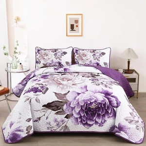 Juego de edredón floral púrpura WONGS King, 3 piezas reversible ligero pr... - Imagen 1 de 7