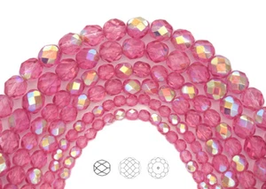 Czech Glass Fire Polished Round Faceted Beads in Crystal Pink Rose AB coated 16" - Picture 1 of 7