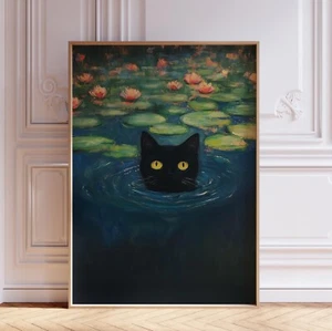 Black Cat in Water Lily Pond Wall Art Print Poster - Picture 1 of 5