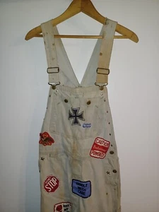 VINTAGE WOMEN'S BIG SMITH BIB OVERALLS HIPPIE BELL BOTTOMS WITH PATCHES 1960s - Picture 1 of 19