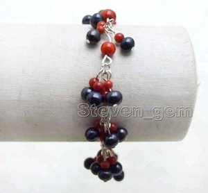 5-6mm Black Round Natural Pearl Bracelet for Women & Red Coral Bracelet 7-9'' - Picture 1 of 5