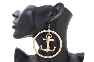 Women Hook Earrings Birthday Party Night Gold Metal Hoop Anchor Nautical Jewelry - Imagen 1 de 12