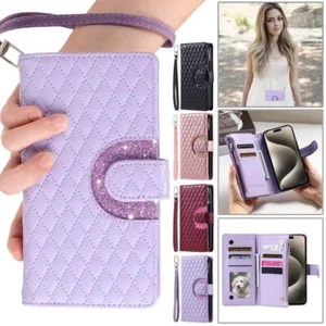 For iPhone 16 15 14 13 12 11 Pro Max 8 7 Plus Zipper Leather Wallet Case Cover - Picture 1 of 70