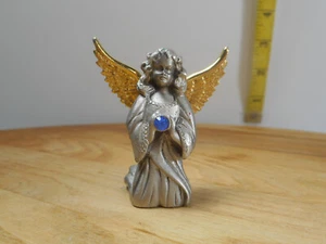 Camco Pewter Angel Kneeling W/Saphire Birthstone 2” Tall Goldtone Wings - Picture 1 of 5