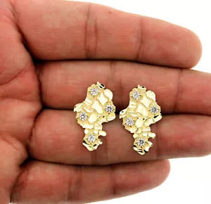 Men's Real 10K Solid Yellow Gold Diamond Cut Extra Large Nugget Stud Earrings - Picture 1 of 3