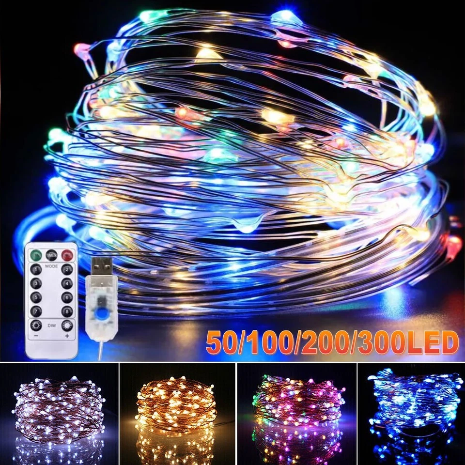 USB Twinkle LED String Fairy Lights 200/300LED Copper Wire Party Decor W/ Remote - Image 1 of 4