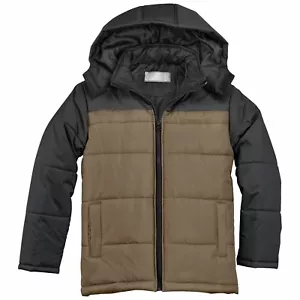 KC Collections Boys’ Striped Hooded Puffer Olive Black L 14/16 Windproof New - Picture 1 of 1