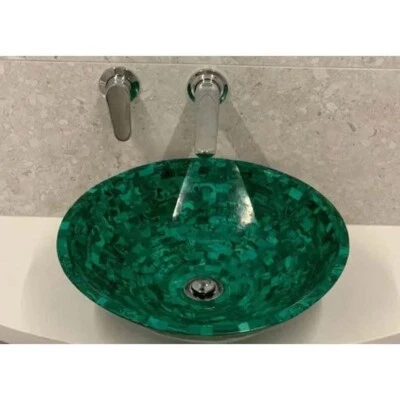 18" Malachite Gemstone Top Round Bathroom Sink Basin Elegant Look For Sink Home - Image 1 of 4