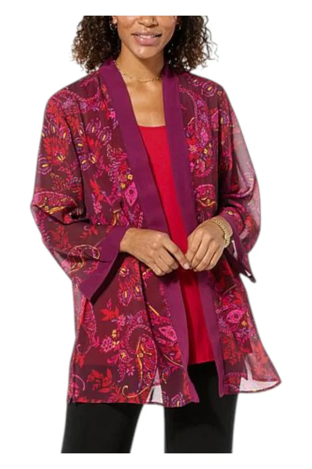 Colleen Lopez Women's Printed Chiffon Topper w/ Solid Border Wineberry - Image 1 of 1