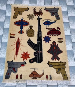 Hand Knotted Weapon Afghan War 9/11 Rug Pictorial Soft Wool Area Rug 3 x 2 Ft - Picture 1 of 12