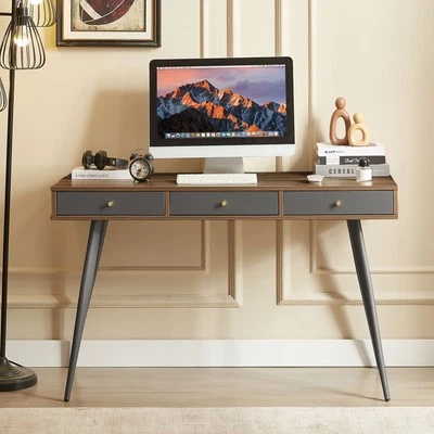 Escritorio Escritorio Estilo Mediados de Siglo Escritorio de Estudio con Tres Cajones Nogal + Gris Oscuro Foto 1 de 4