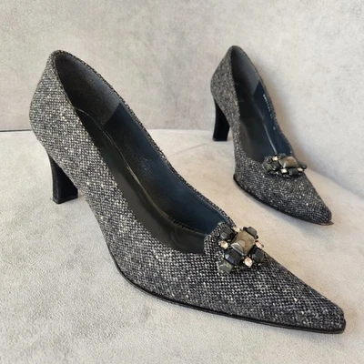 Stuart Weitzman насосы 9 узкий серый черный твид Мальта ювелирная брошь острый ретро - Изображение 1 из 4