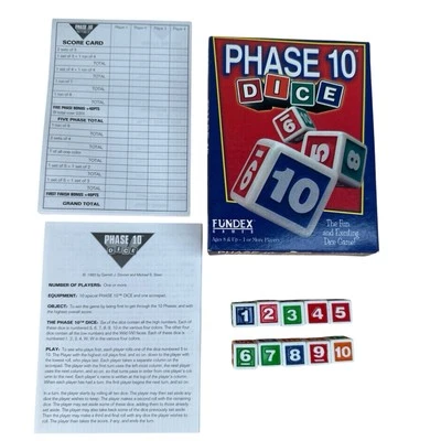 PHASE 10 Dice Game from 1998 Box, 10 Dice Scorepad Instructions FAMILY FUN! Read - Image 1 of 4